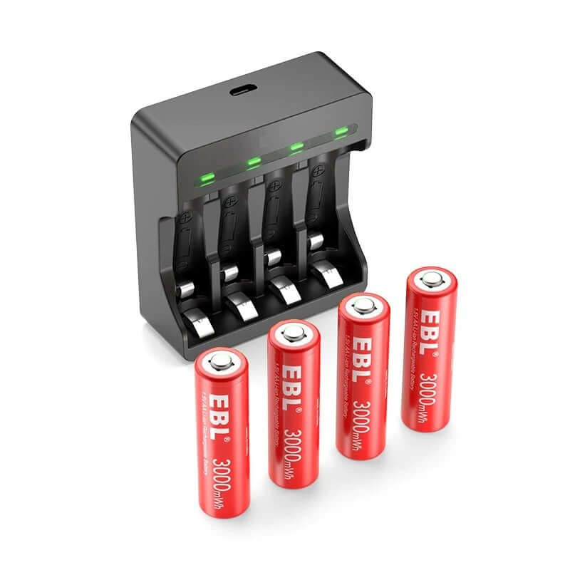 4 Pack 1.5V 3000mWh Rechargeable Lithium Li-ion AA Batteries with USB Input Charger
