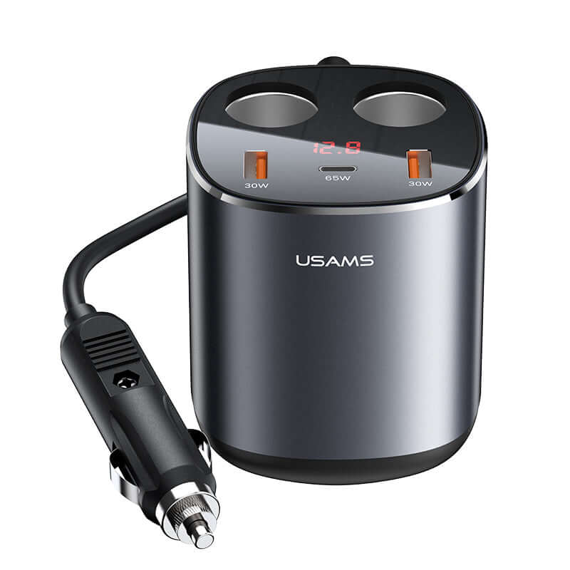 Digital Display Fast Car Charger 2 USB Port + 1 Type C Port + Dual Cigarette Lighters Total 245W