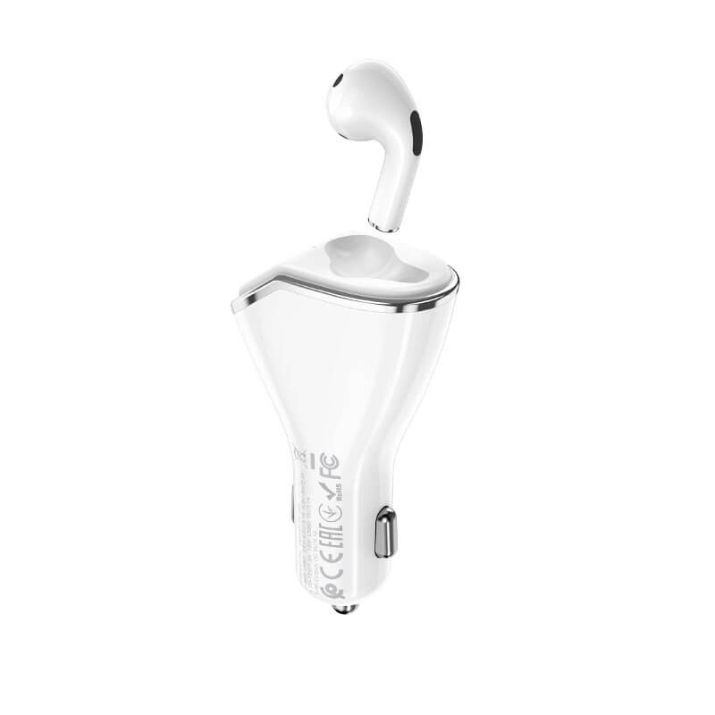 Dual USB Fast Car Charger QC3.0 2 in 1 Wireless Headset Earphone with Mic-White