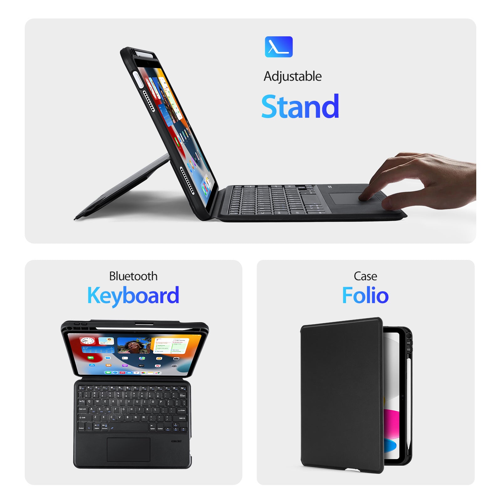 iPad 10th 10.9" Removable Bluetooth Keyboard with Foldable Stand Case