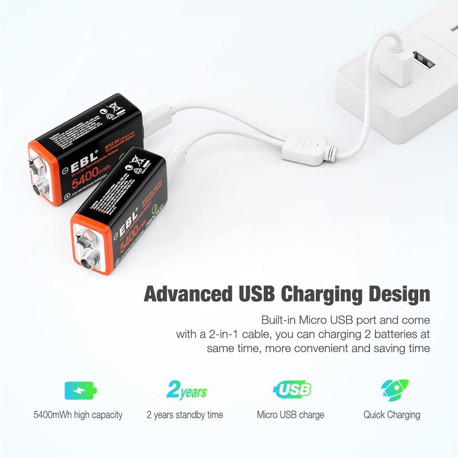 9V Rechargeable Lithium Li-ion Battery USB Charge (2 Pack)