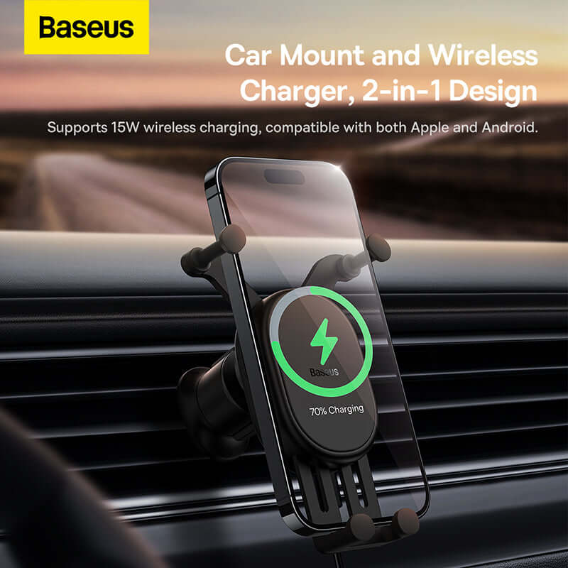 Gravity Car Mobile Phone Holder for Air Vent Outlet 15W Wireless charging