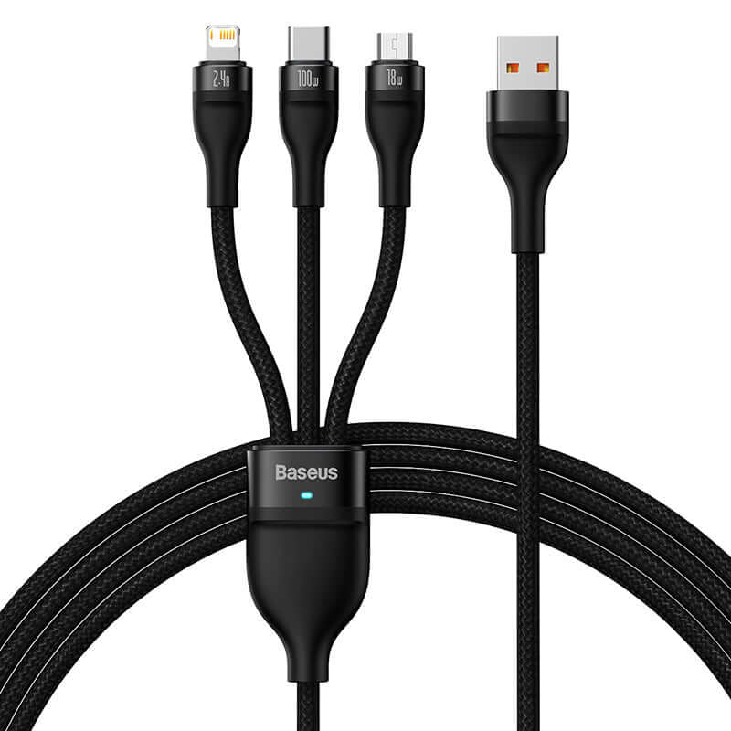 3 in 1 Fast Charging Data Cable USB to Micro USB + Lightning + USB-C 100W 1.2m