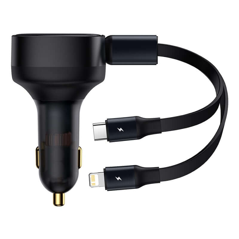 Fast Charging Car Charger with 2-in-1 Retractable Cable Max 30W For iPhone Android