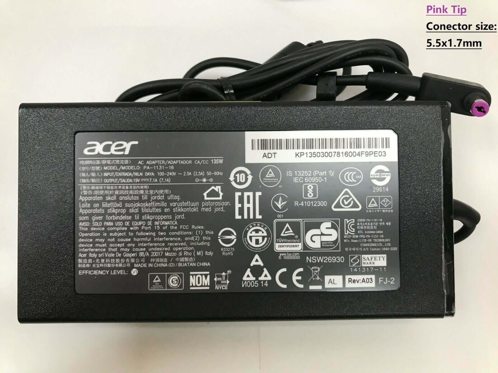 Acer Aspire V15 VN7-591G 19V 7.1A 135W 5.5x1.7mm Power Adapter