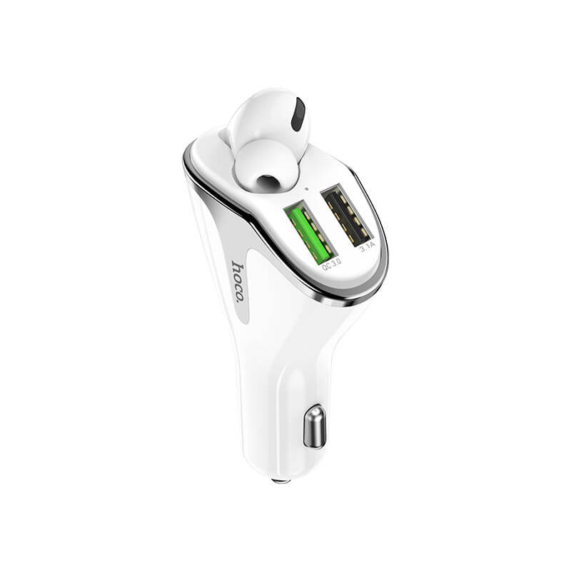 Dual USB Fast Car Charger QC3.0 2 in 1 Wireless Headset Earphone with Mic-White